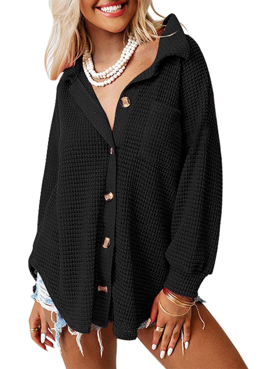 Women's Waffle Knit Casual Button Down Shirts Jacket