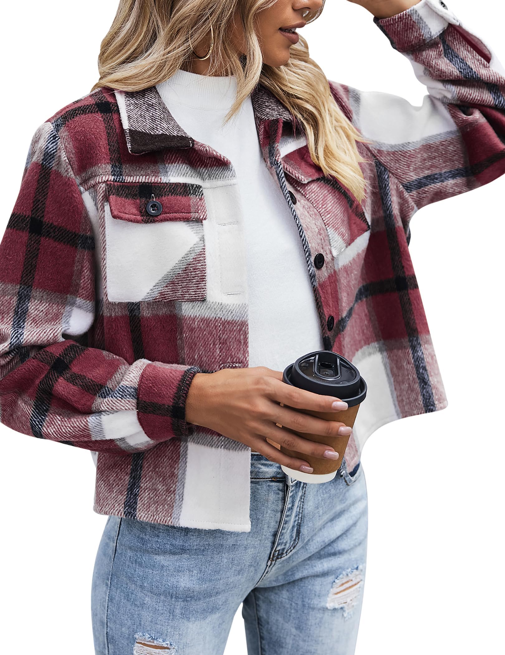 Women Flannel Plaid Button Down Cropped Jacket