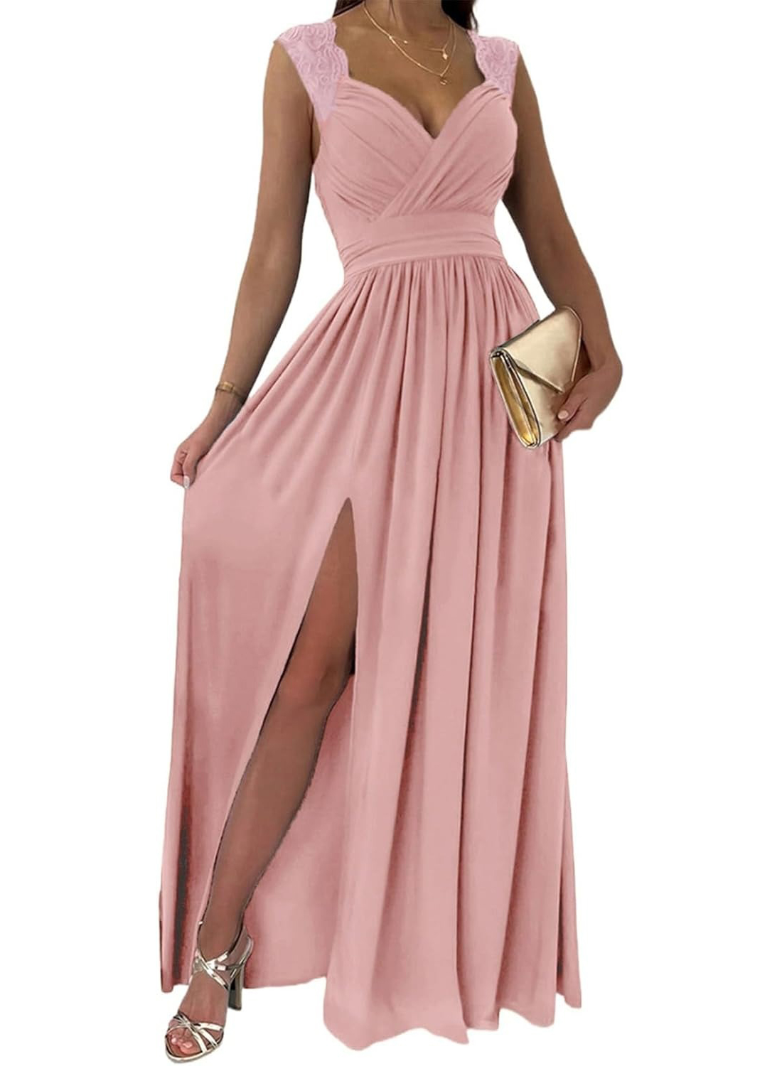 Women's Wrap V-Neck Lace Strap Ruched Sexy Maxi Dress