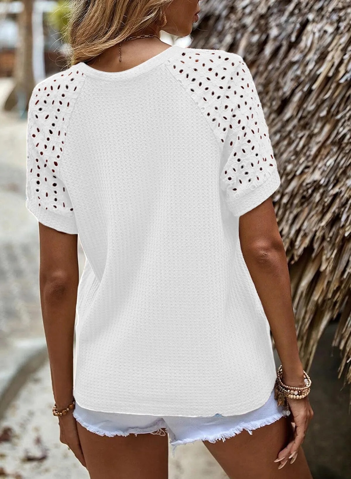 HOT SALE Women's Casual Crew Neck Hollow Out Raglan Short Sleeve Waffle Knit Tops