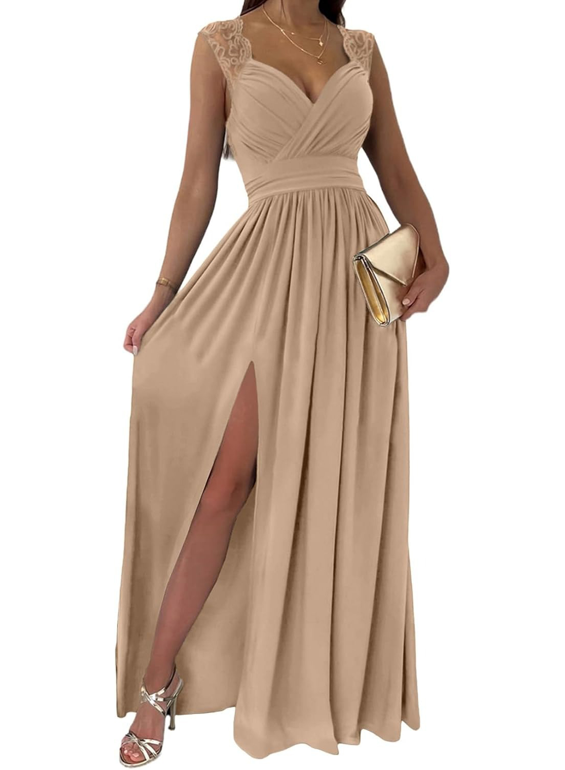 Women's Wrap V-Neck Lace Strap Ruched Sexy Maxi Dress