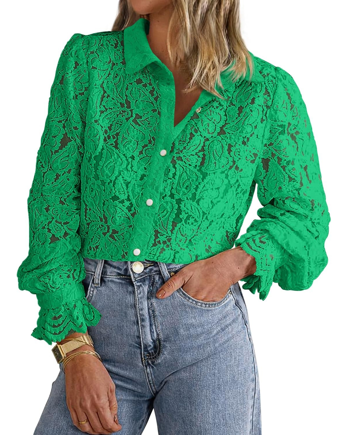 Women's Casual Dressy Lace Button Down Long Sleeve Shirts