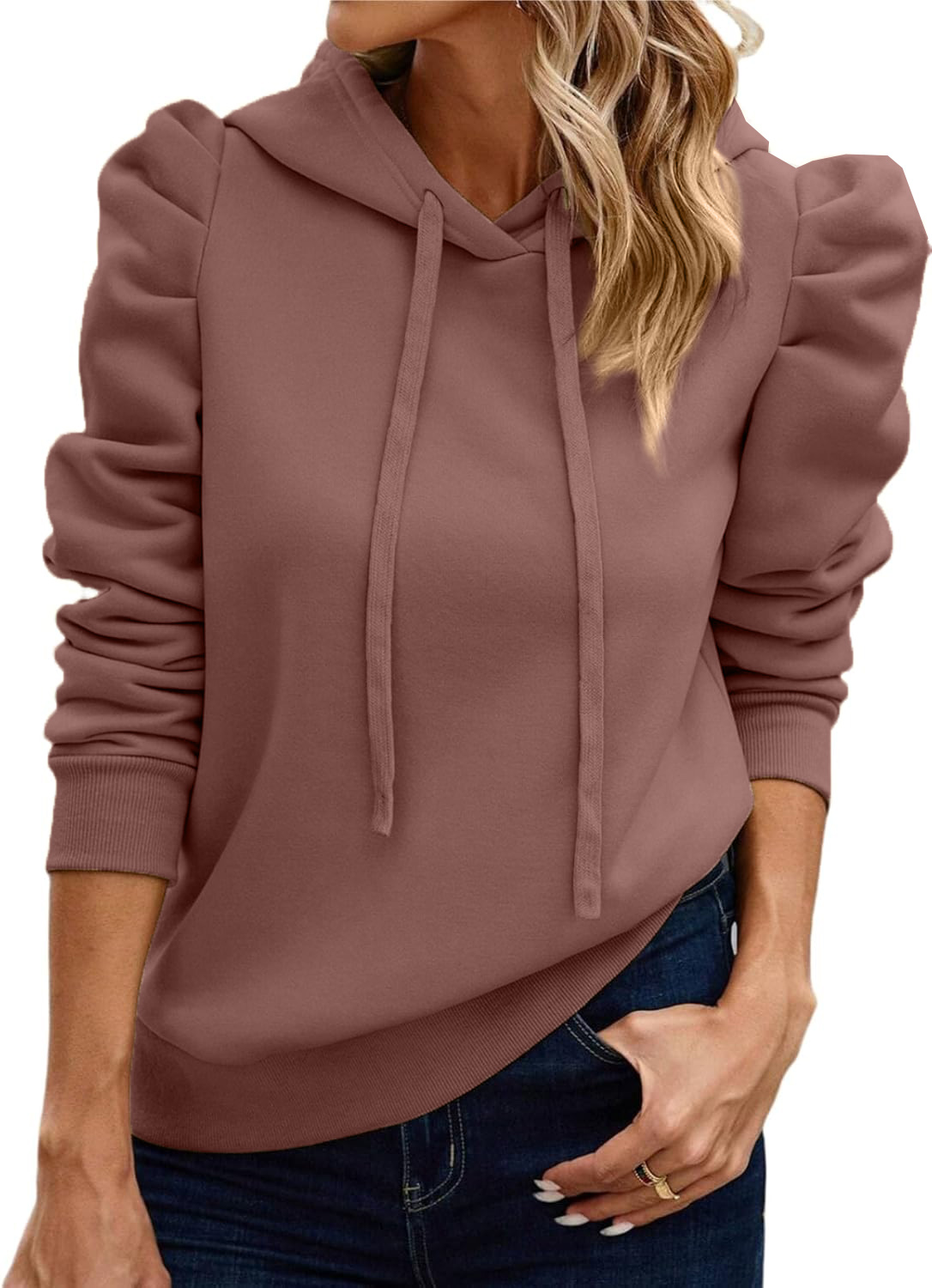 Women's Puff Sleeve Drawstring Casual Hoodie
