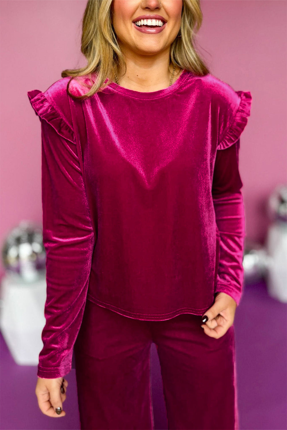 Velvet Ruffle Long Sleeve and Wide Leg Pants Set