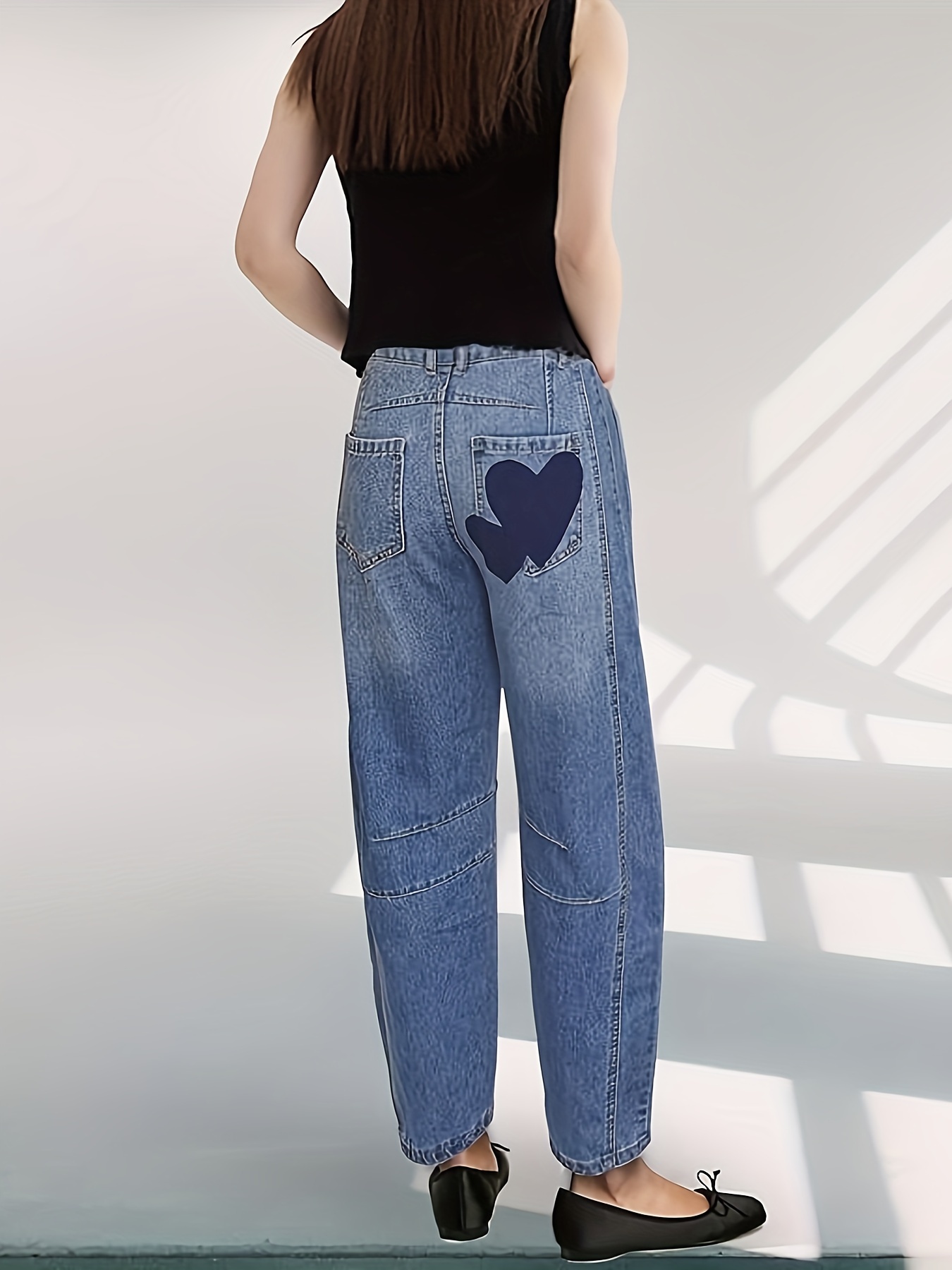 Women's Mid Rise Heart Printed Wide Leg Barrel Jeans