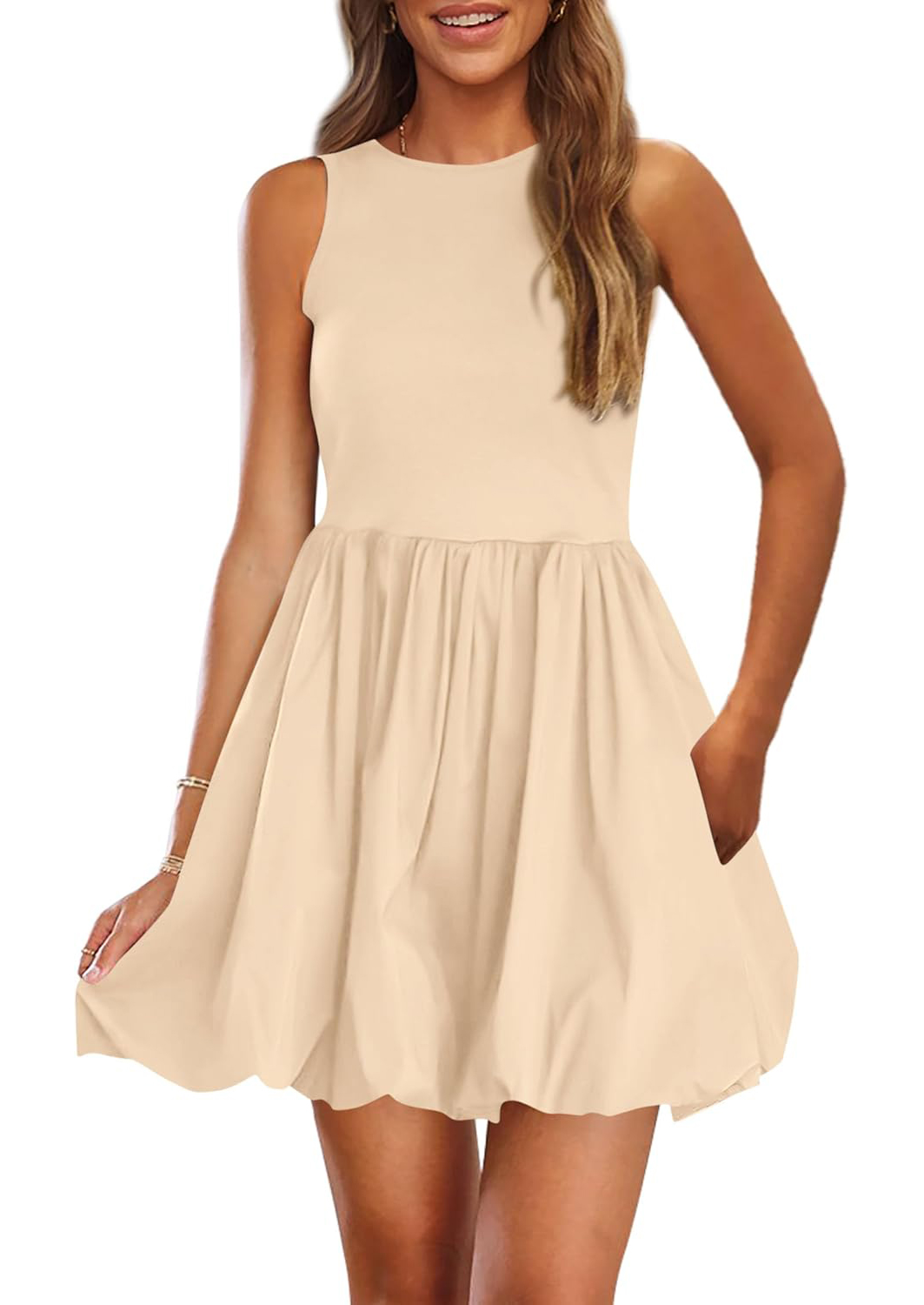 Women's Casual Crew Neck Sleeveless Tank Bubble Dress with Pockets