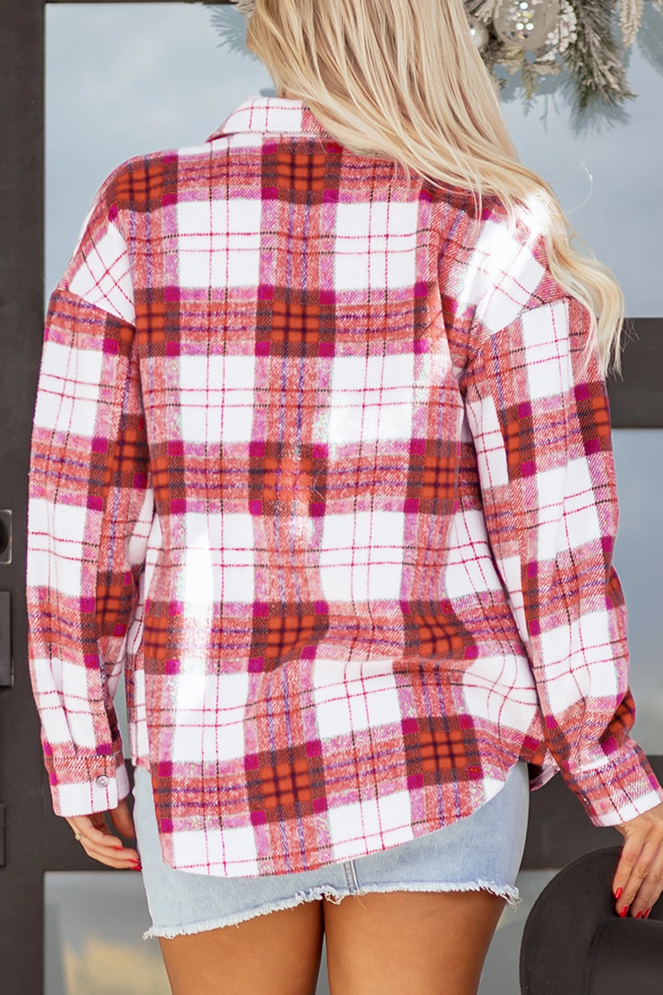 Women's Christmas Plaid Buttoned Casual Flannel Shacket