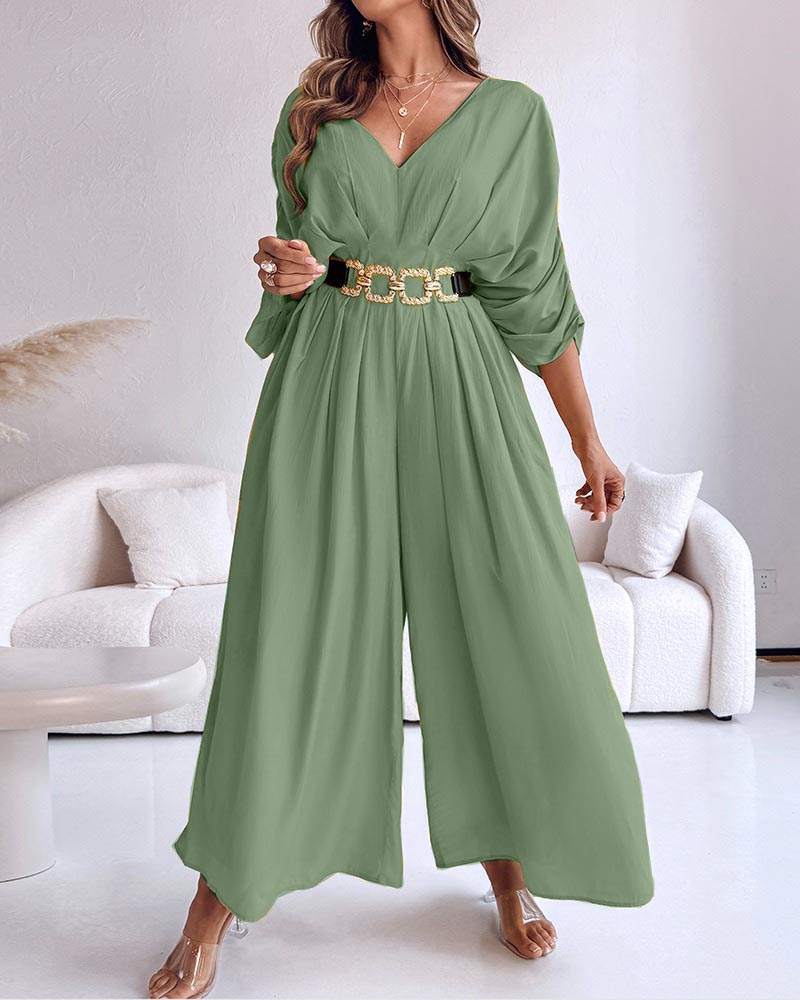 Women's Casual V-Neck Half Sleeve Ruched Jumpsuit