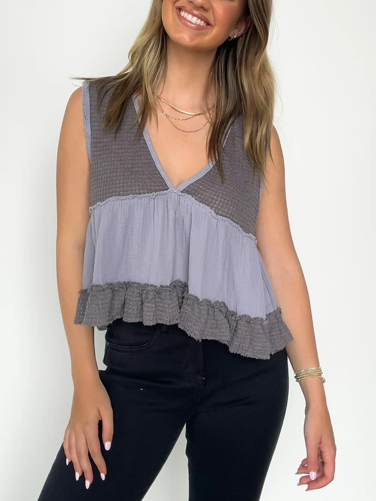 Women's V-Neck Patchwork Ruffle Hem Babydoll Tank Top