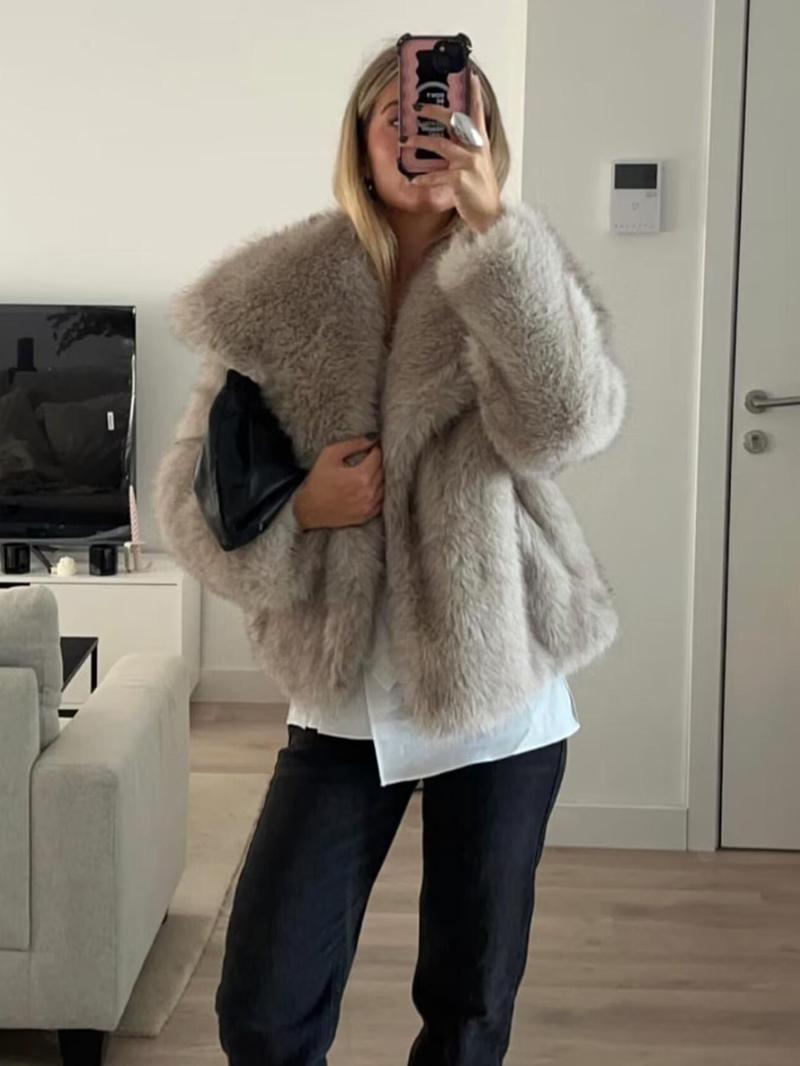 Women  Faux Fur Long Sleeves Loose Open Front  Coat