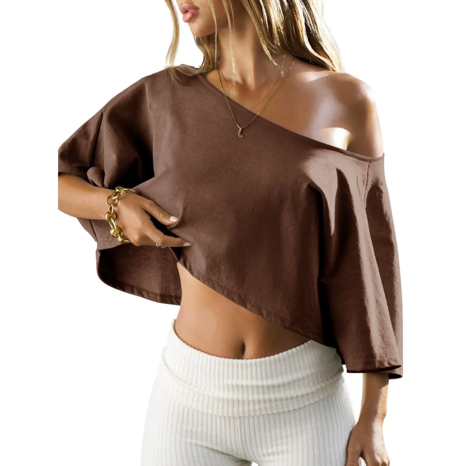 Women Summer Off Shoulder Crop Top | Loose Batwing Sleeve Cotton Tee, Asymmetrical Neck for Daily Lounge
