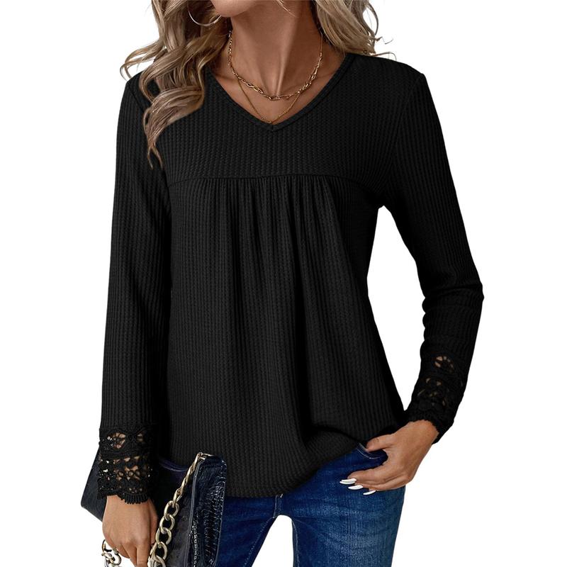 Women's Tops Casual V Neck Long Sleeve Waffle Knit Textured Lace Hollow Out Shirts Loose Tunic Tops Blouses