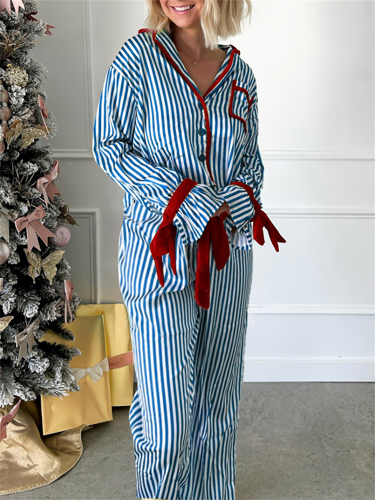 Women's Striped Button-up Crop Tops Bow Long Pants Pajama Set