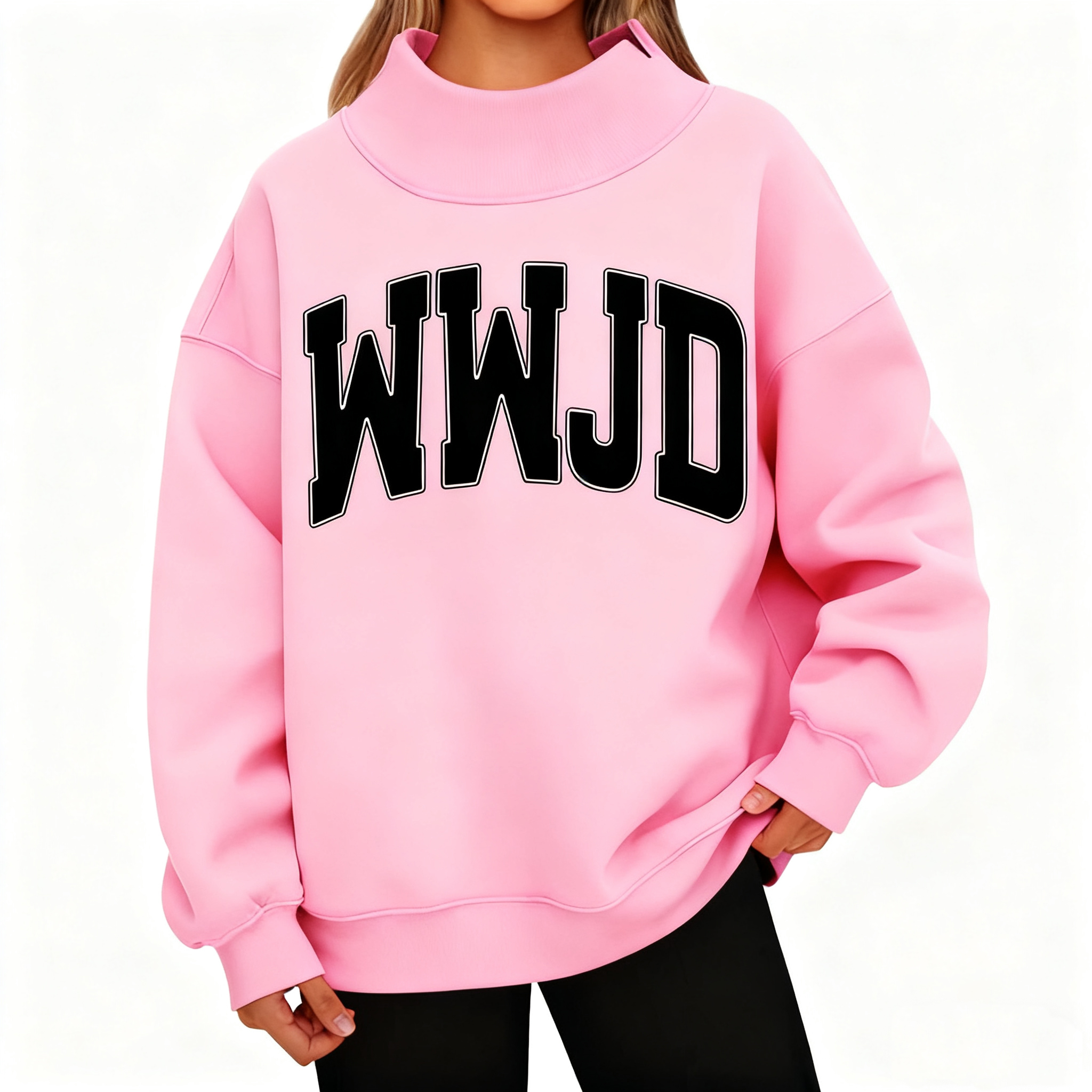Cozy Mock Neck "WWJD" Printed Sweatshirt