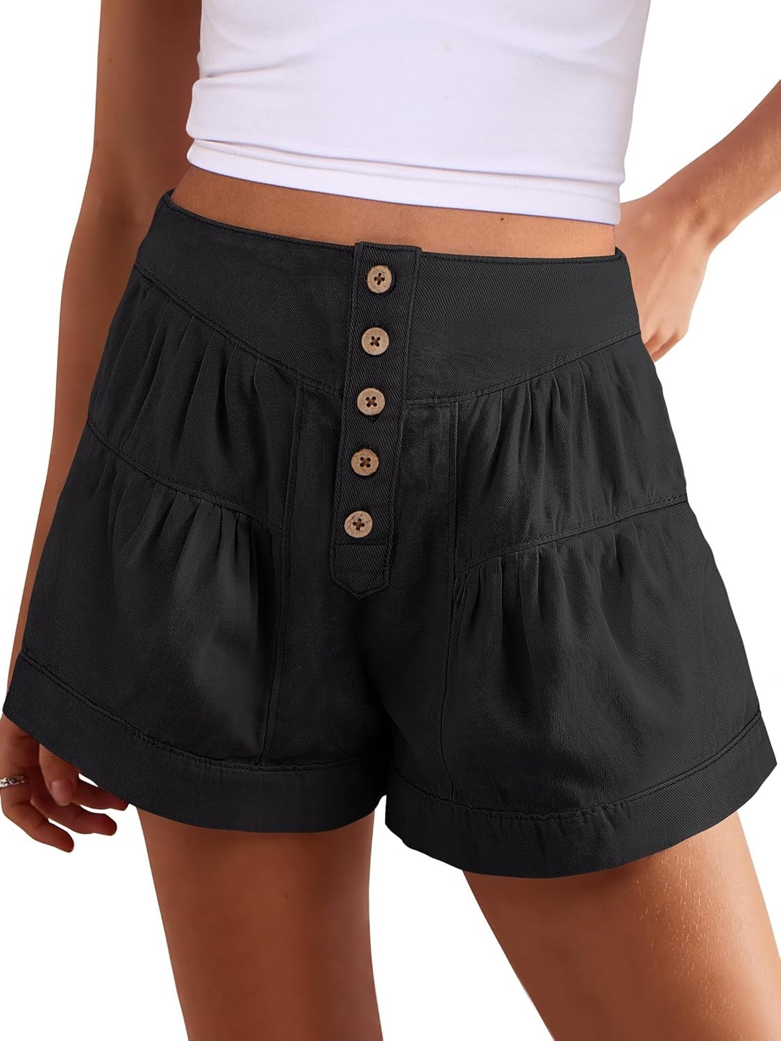 Women's Summer Baggy Flowy Wide Leg Buttons Pleated Denim Shorts