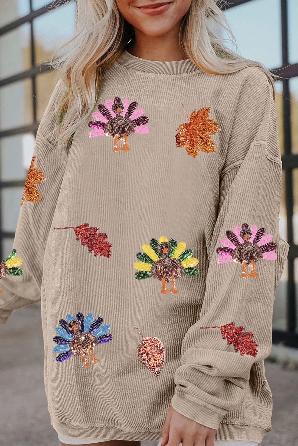 Women's Corded Ribbed Crewneck Turkey Graphic Sweatshirt