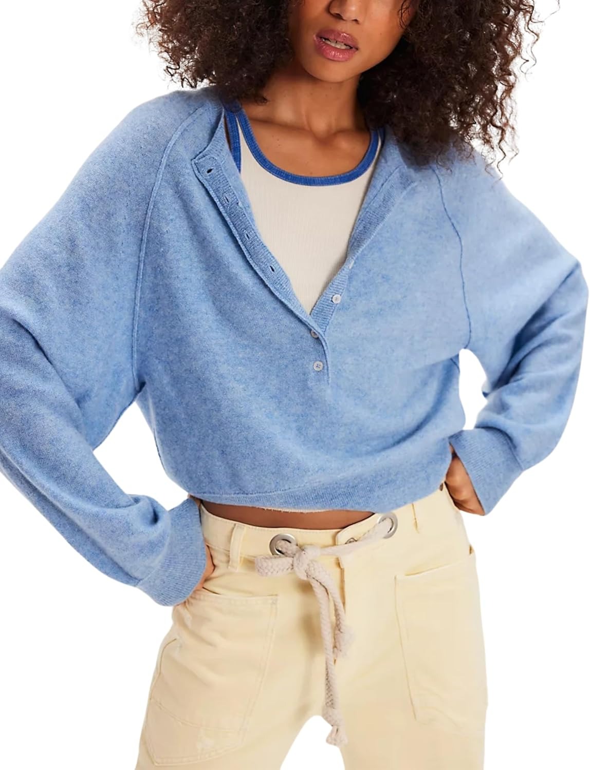 Women's Casual Henley Neck Long Sleeve Knit Button Sweater