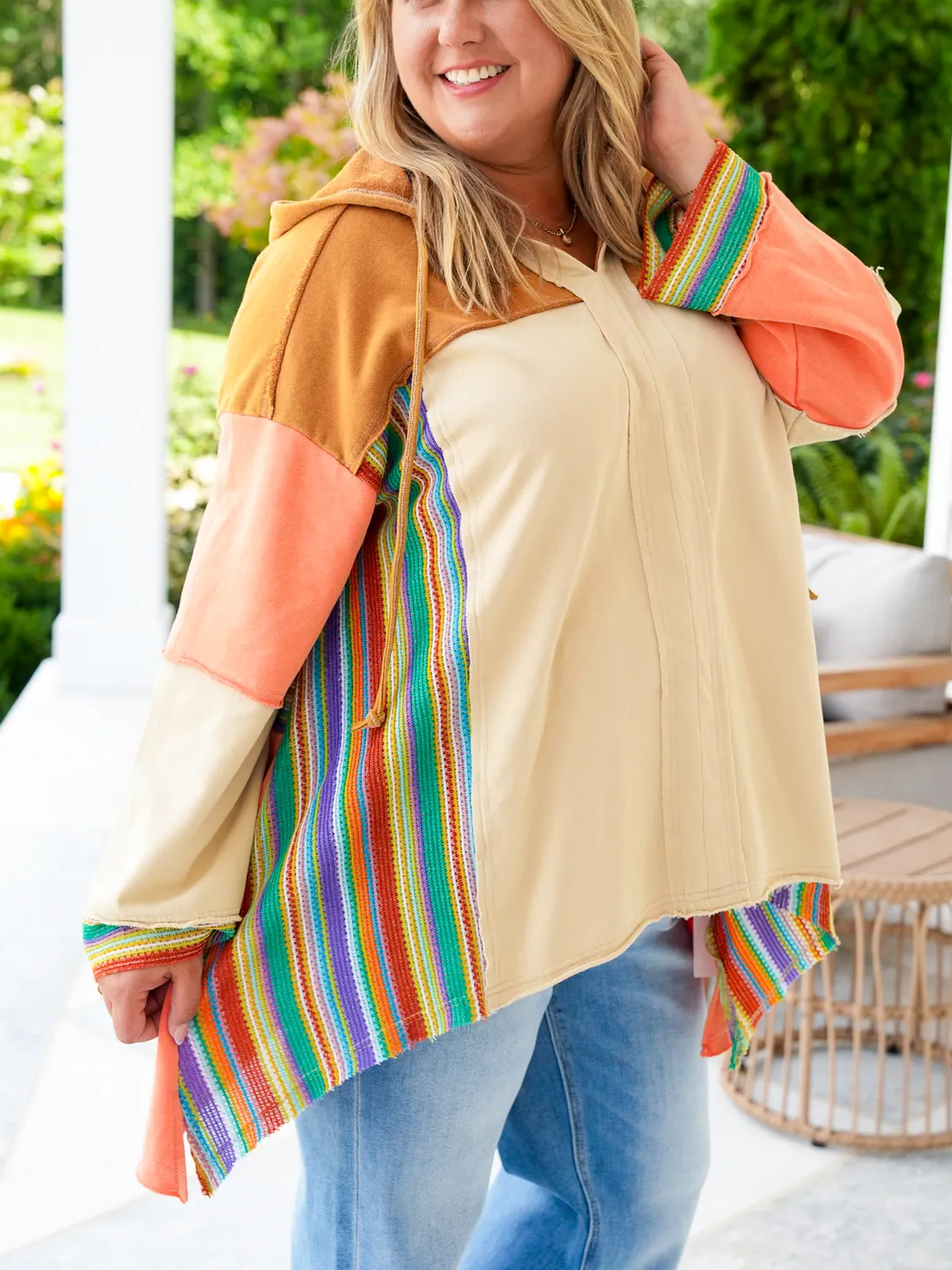 Colorblock long sleeve top with rainbow crochet details