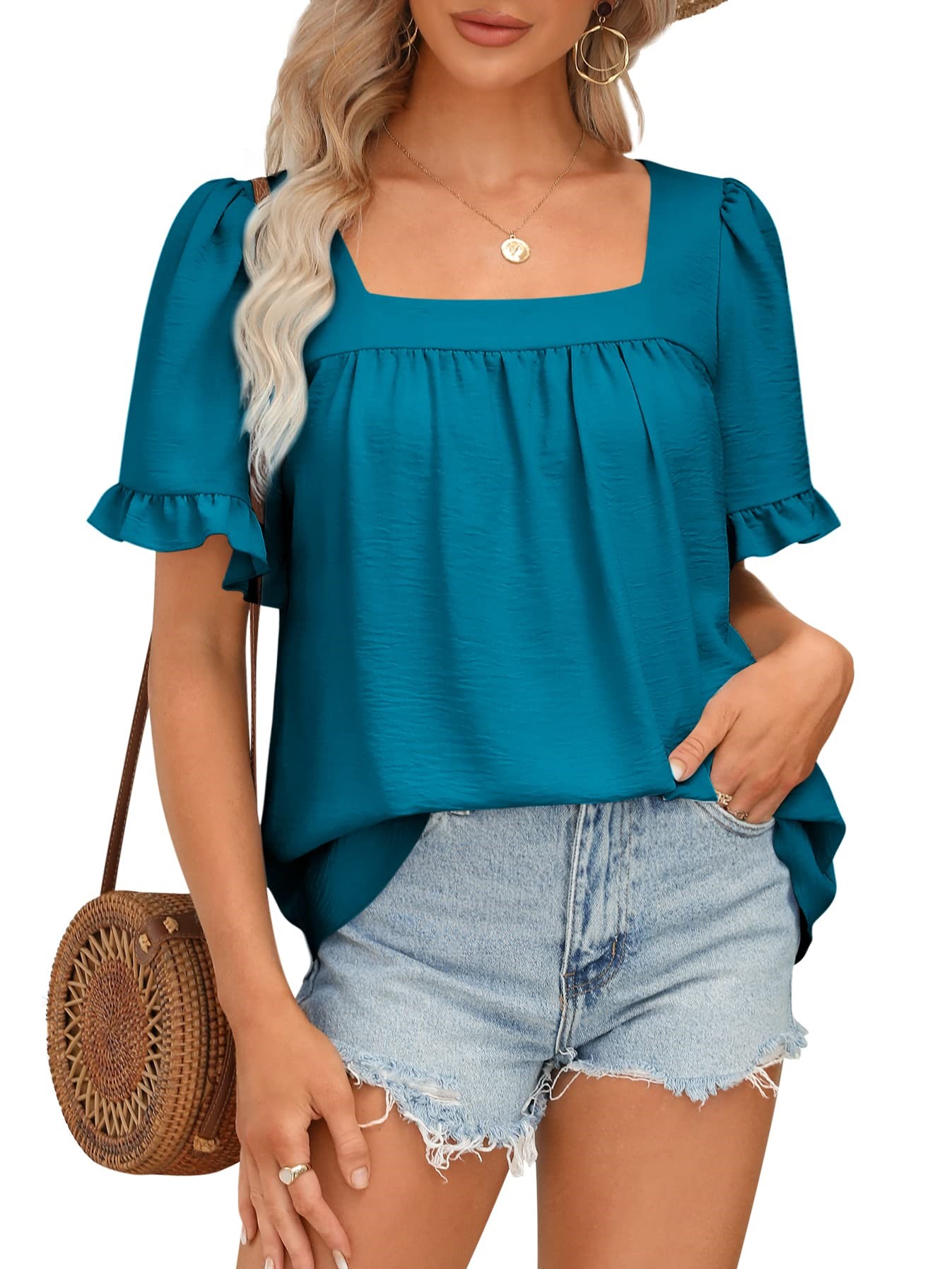 Women's Sqaure Neck Ruffle Sleeve Blouses Peplum Tops
