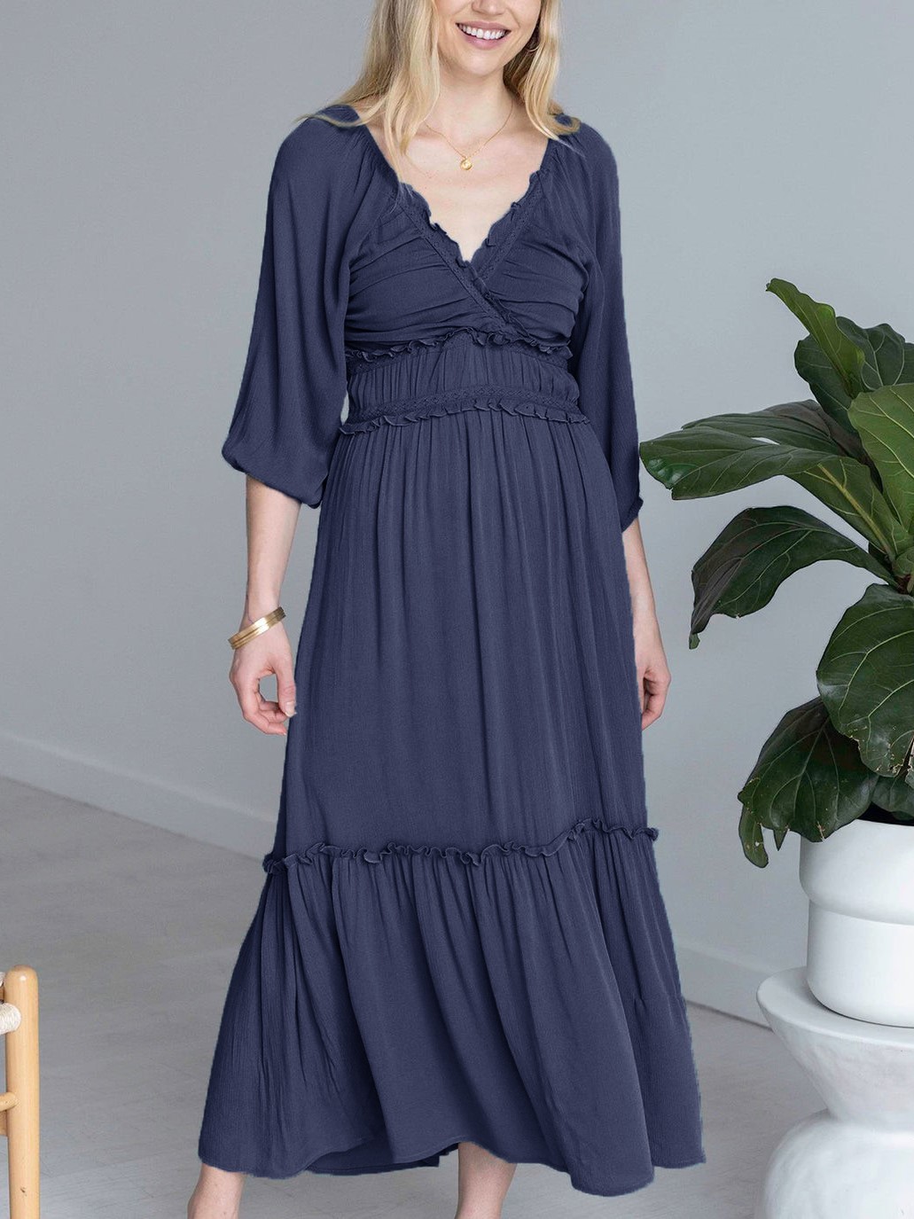 V-neck Smocked Ruffled Tiered Dress