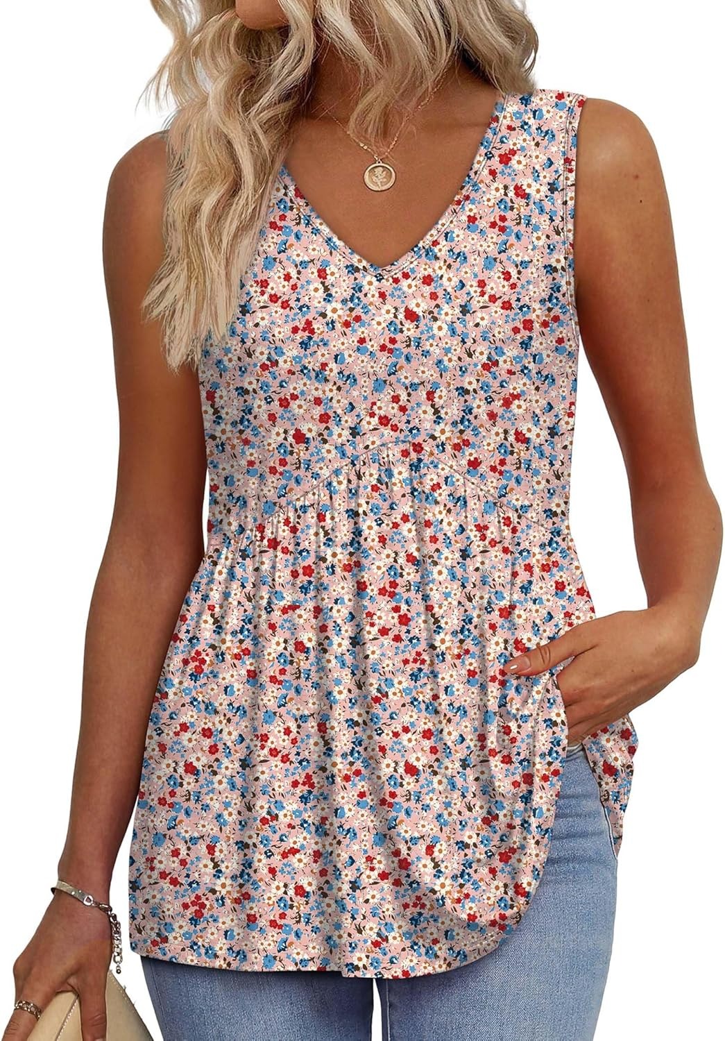 Women's Print Flowy Sleeveless V Neck Peplum Tank Tops