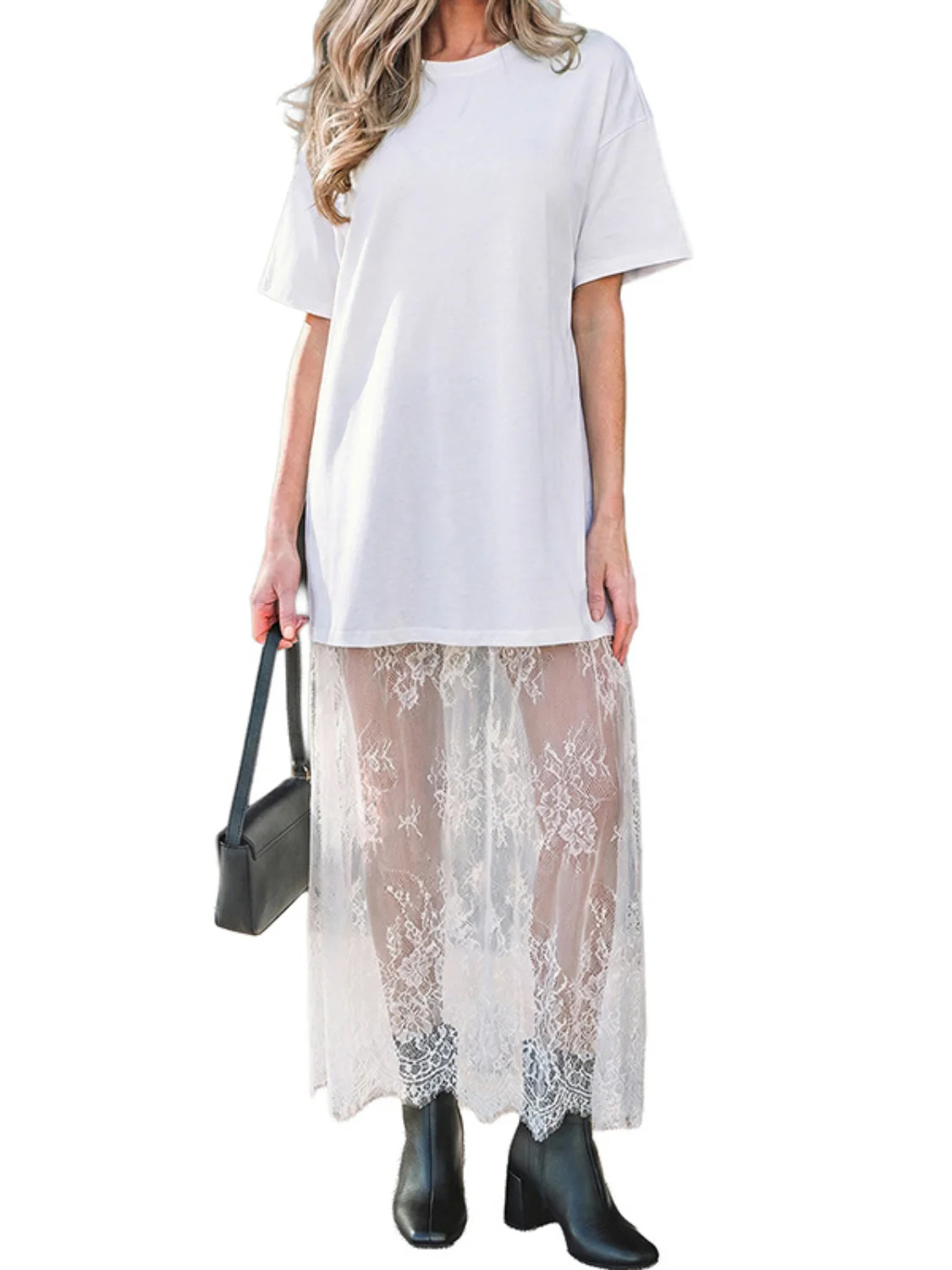 HOT SALE Women's Oversized T-Shirt Maxi Dress with Sheer Lace Hem Drop