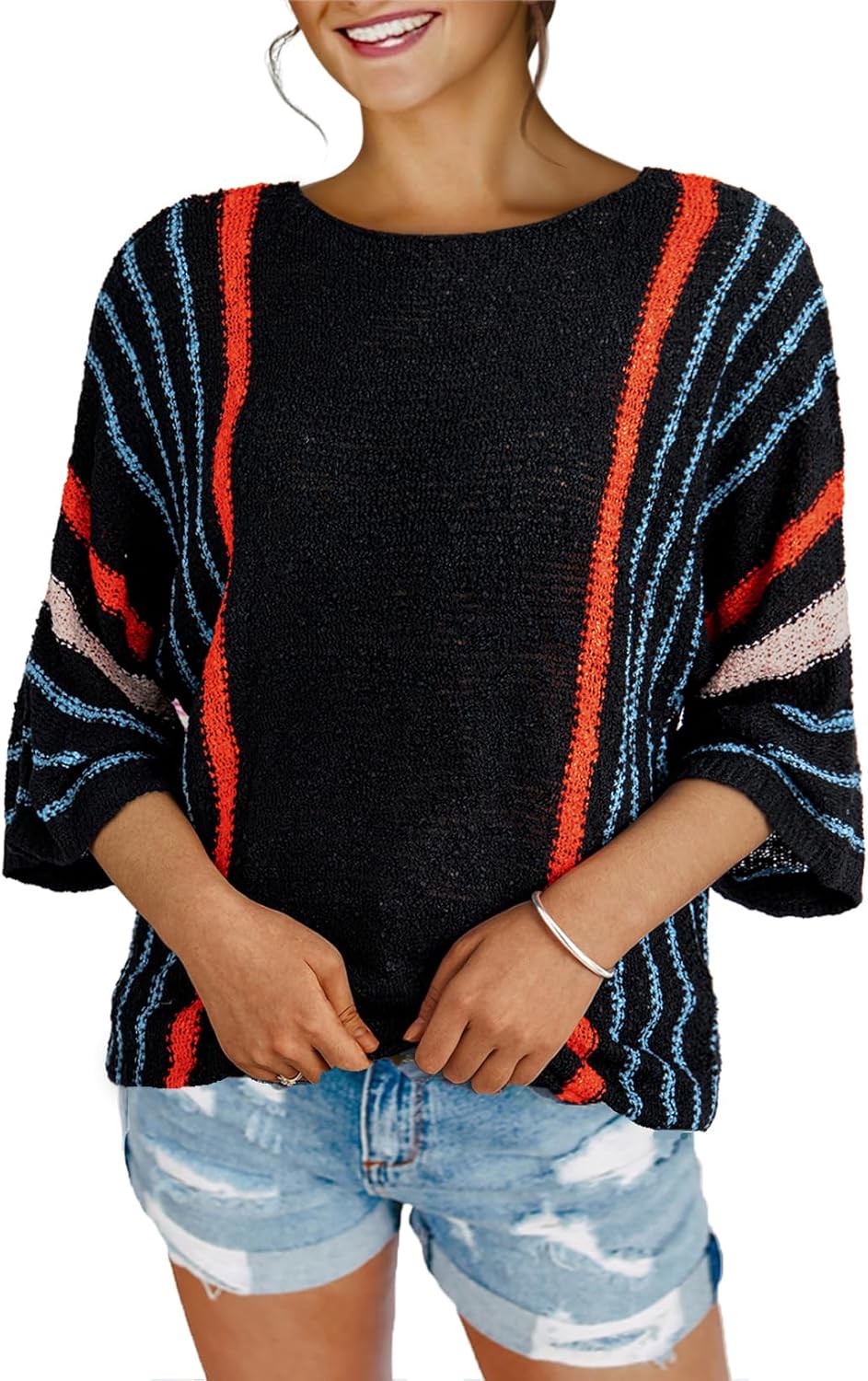 Women's Casual Color Block Striped Cable Knit Boho Sweater
