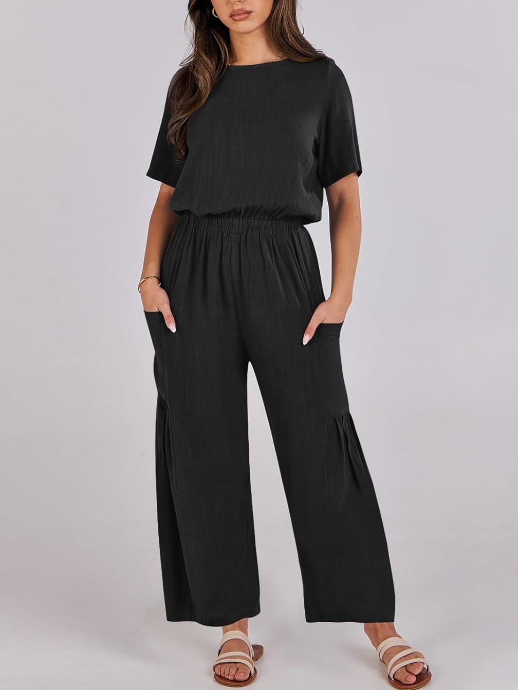 Short Sleeve Wide Leg Pants Linen Romper With Pockets