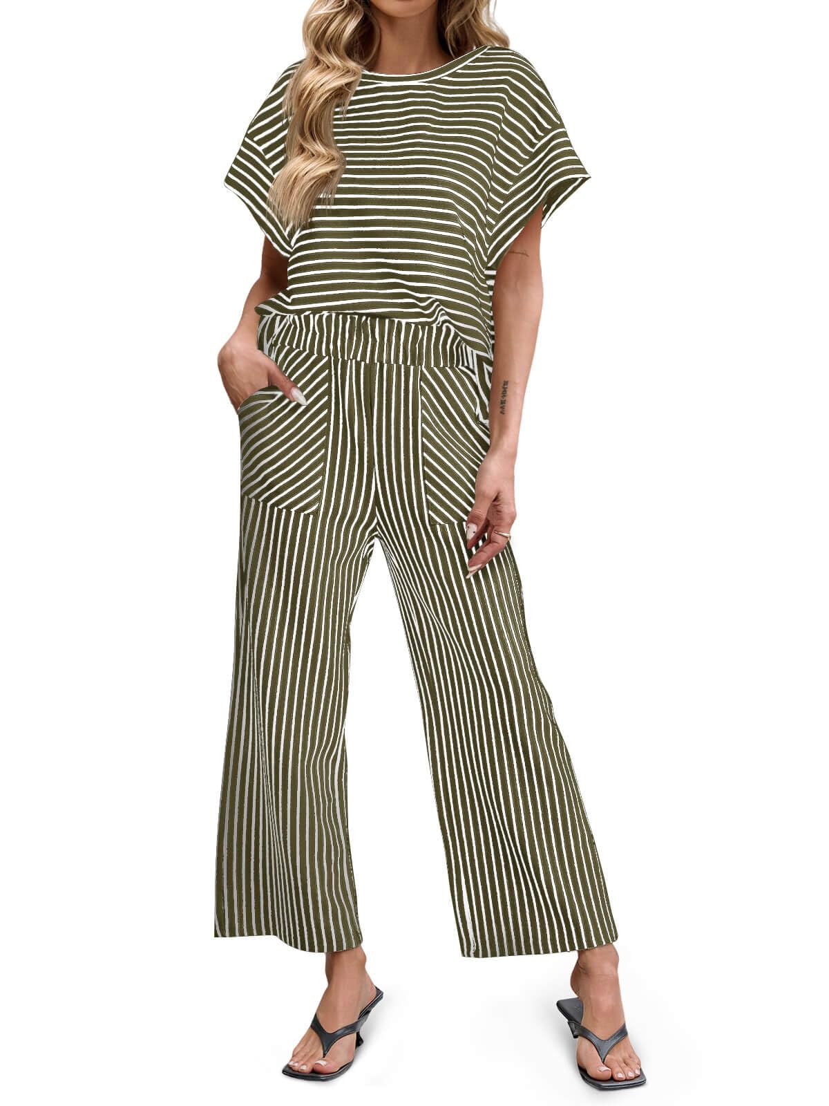 Women's Striped Short Sleeve Wide Leg Pants 2 Piece Sets with Pockets