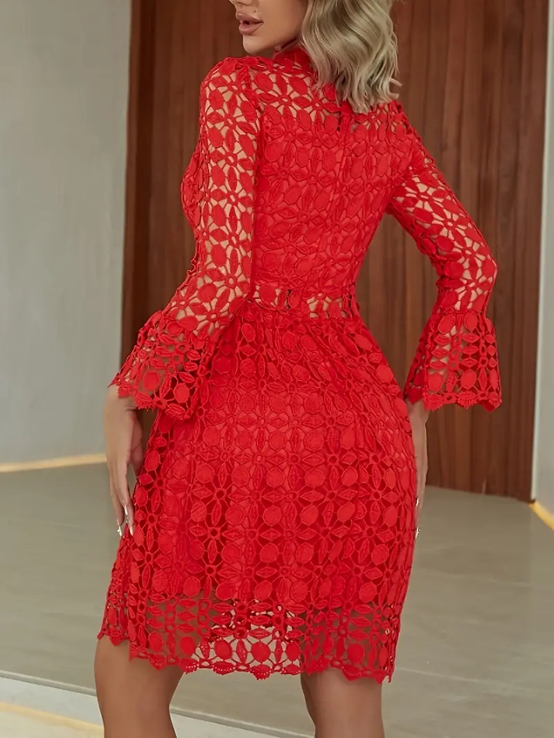 Women's Stand Collar Lace Hollow-Out Floral Pattern Dress