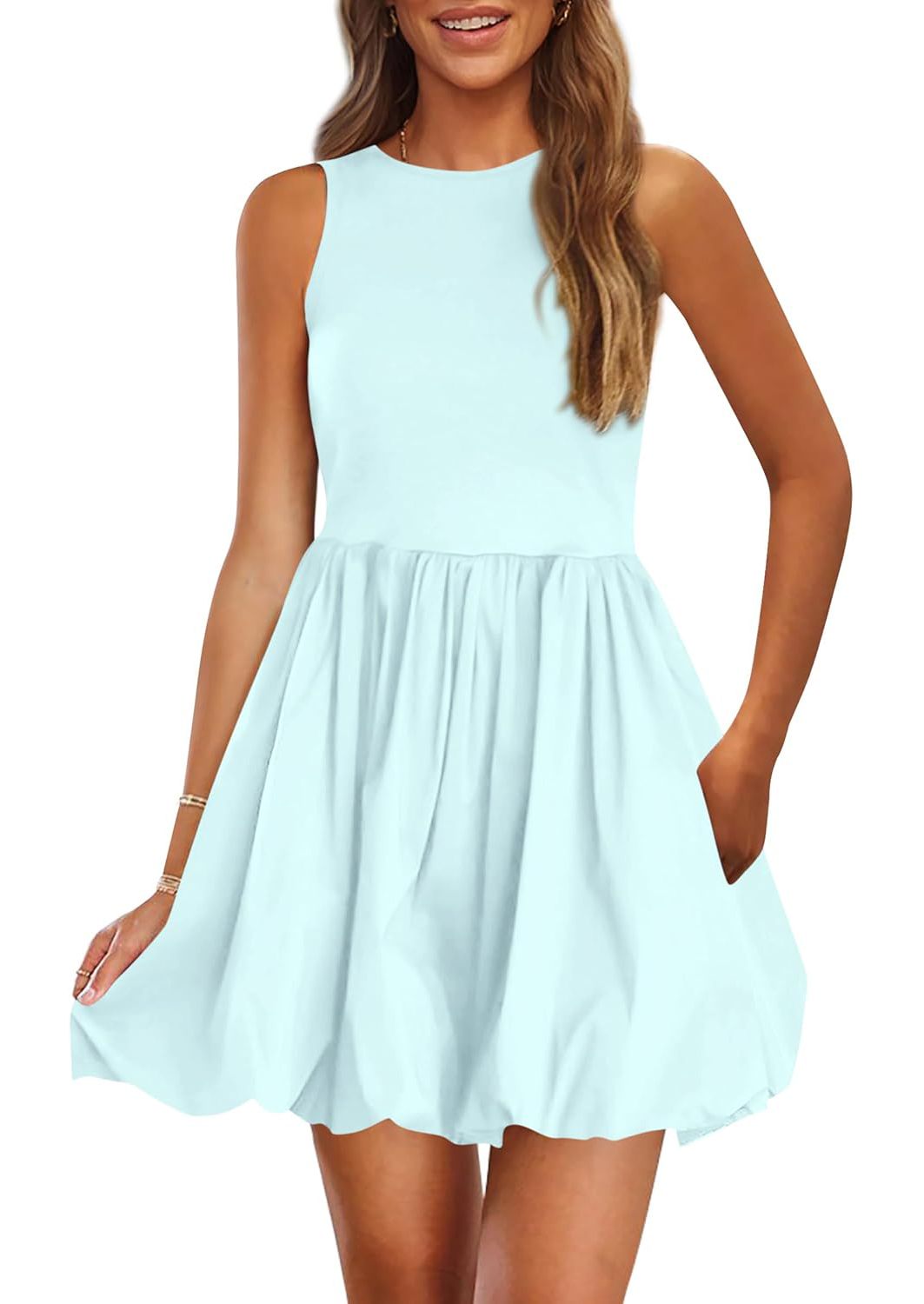 Women's Casual Crew Neck Sleeveless Tank Bubble Dress with Pockets
