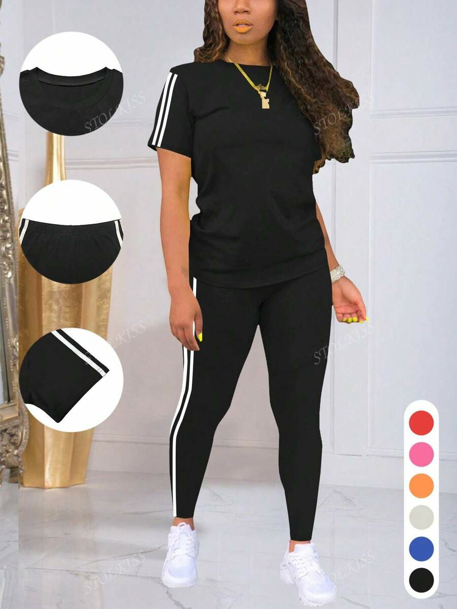 Women's Striped Round Neck Short Sleeve Sports Top And Pants Set