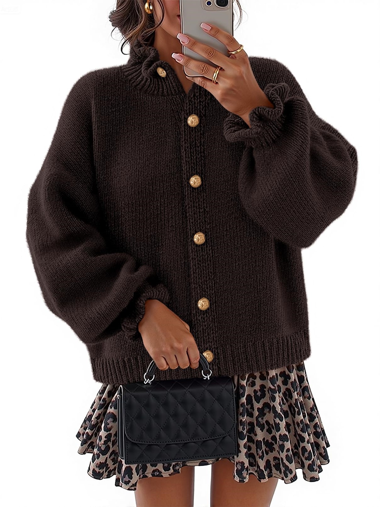 Women's Ruffle Button Down Long Sleeve Chunky Cardigan Sweaters