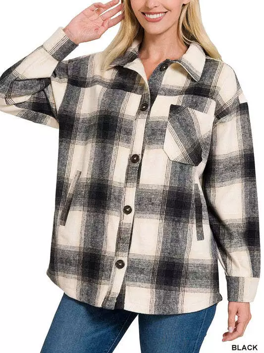  Oversized Yarn-Dyed Plaid Longline Shacket with Pockets