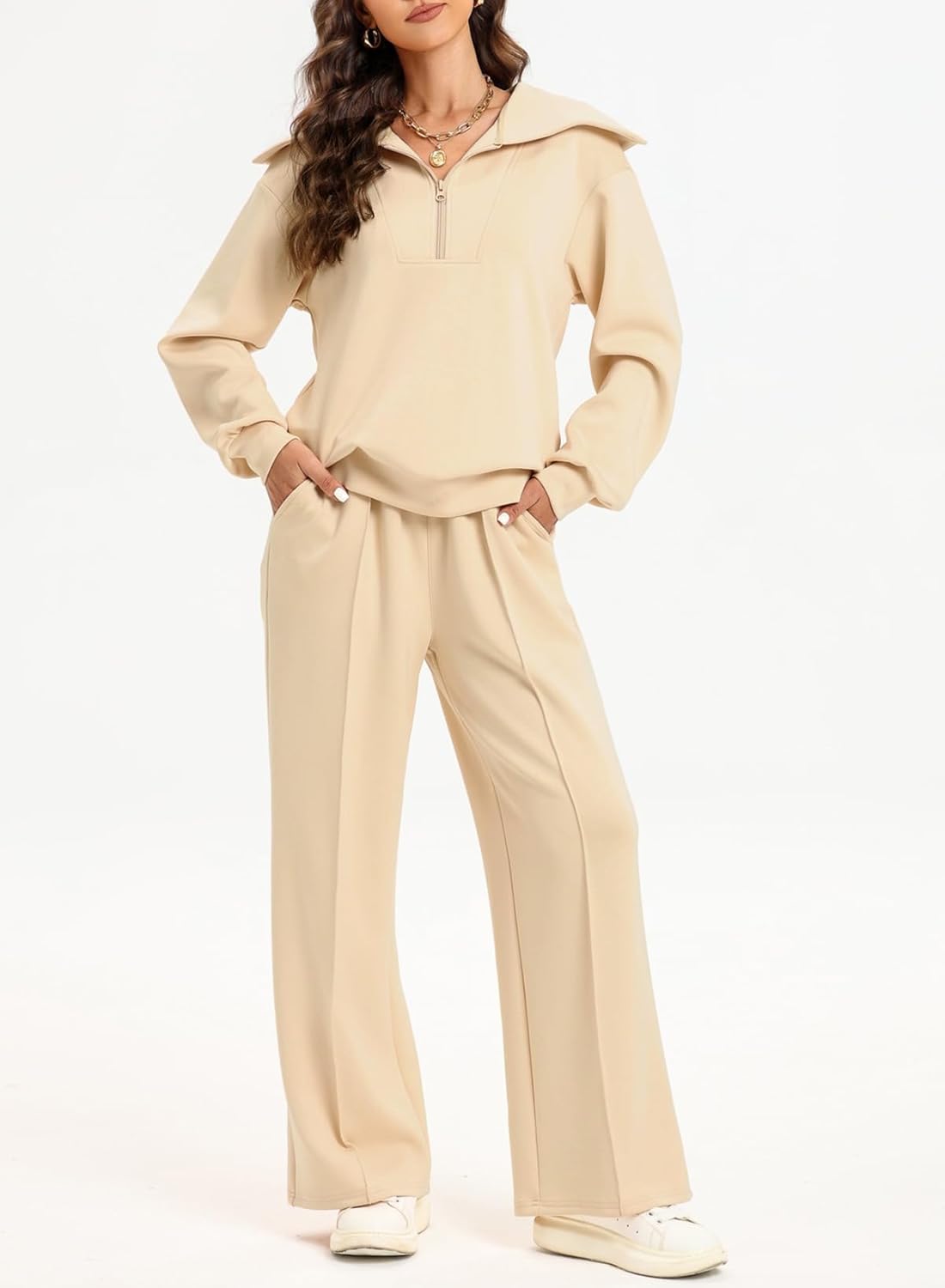 Women's Half Zip Sweatshirt & Wide Leg Sweatpant Tracksuit Set