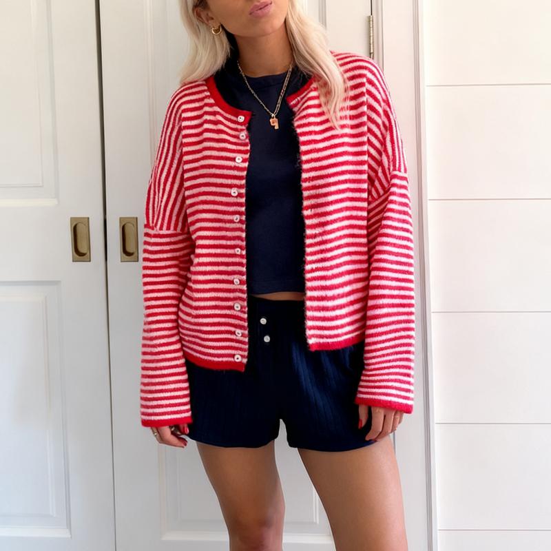 Women‘s Rolled Hem Striped Button Cardigan