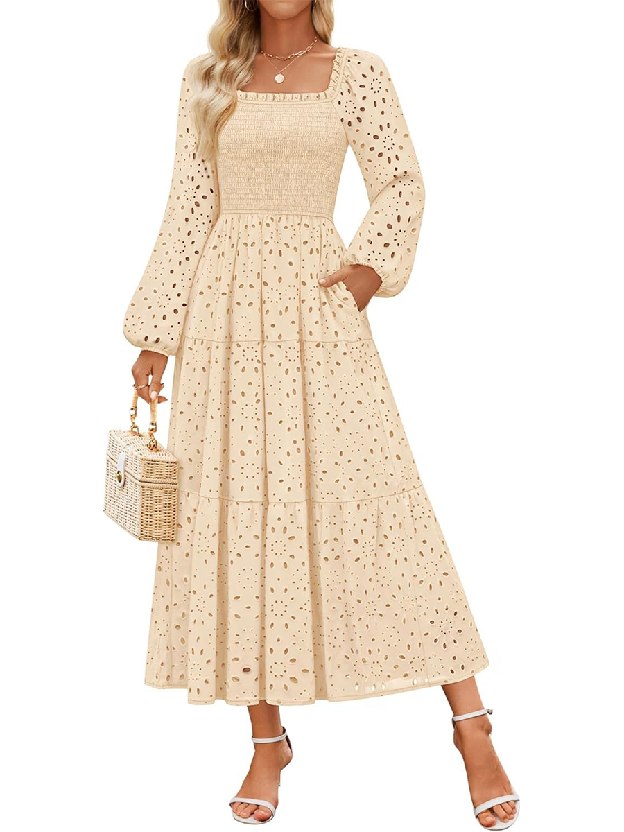Women's Square Neck Hollow Out Eyelet Smocked A Line Long Sleeve Dress