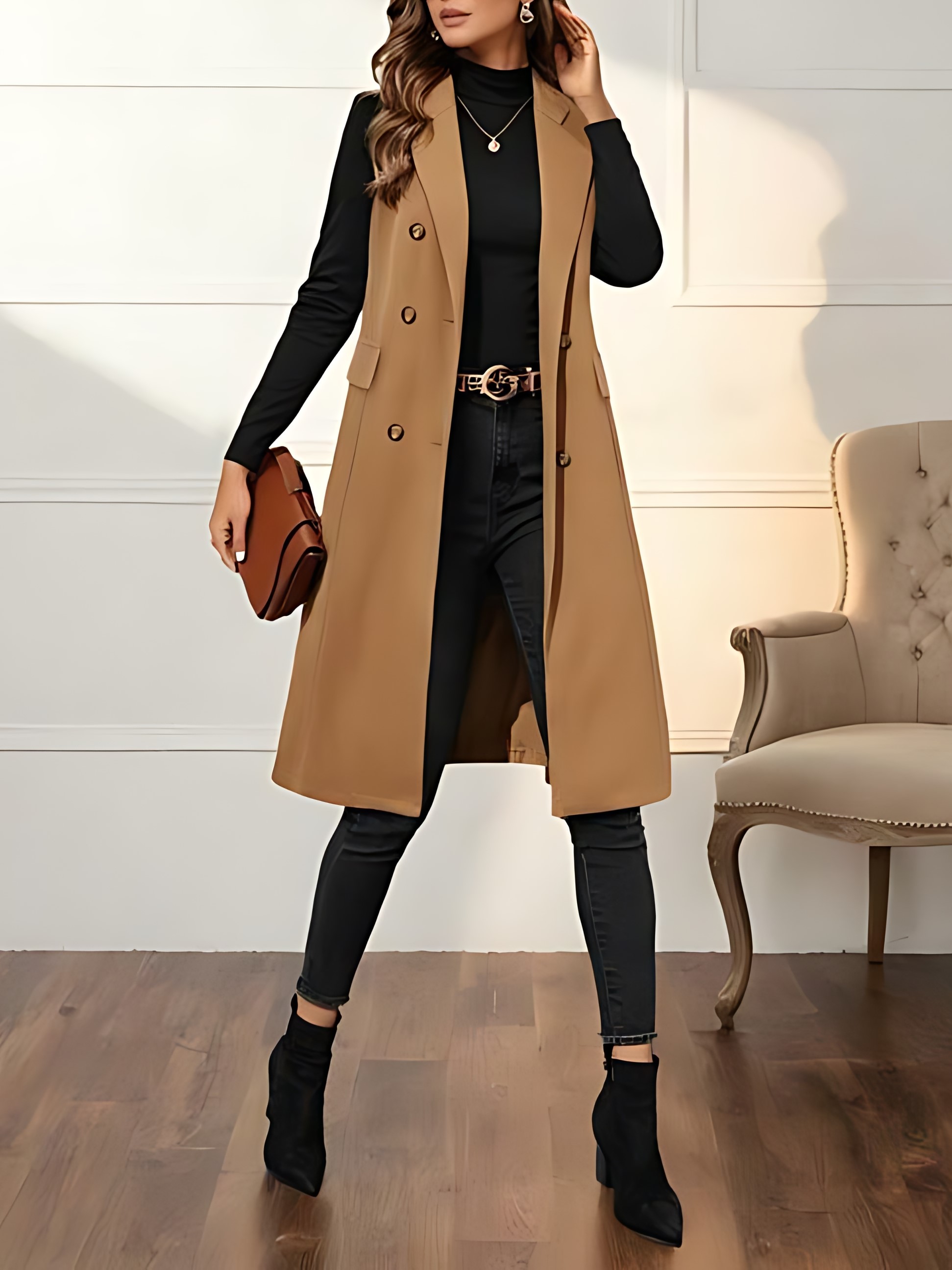 Women's Double Button Lapel Neck Longline Vest Overcoat