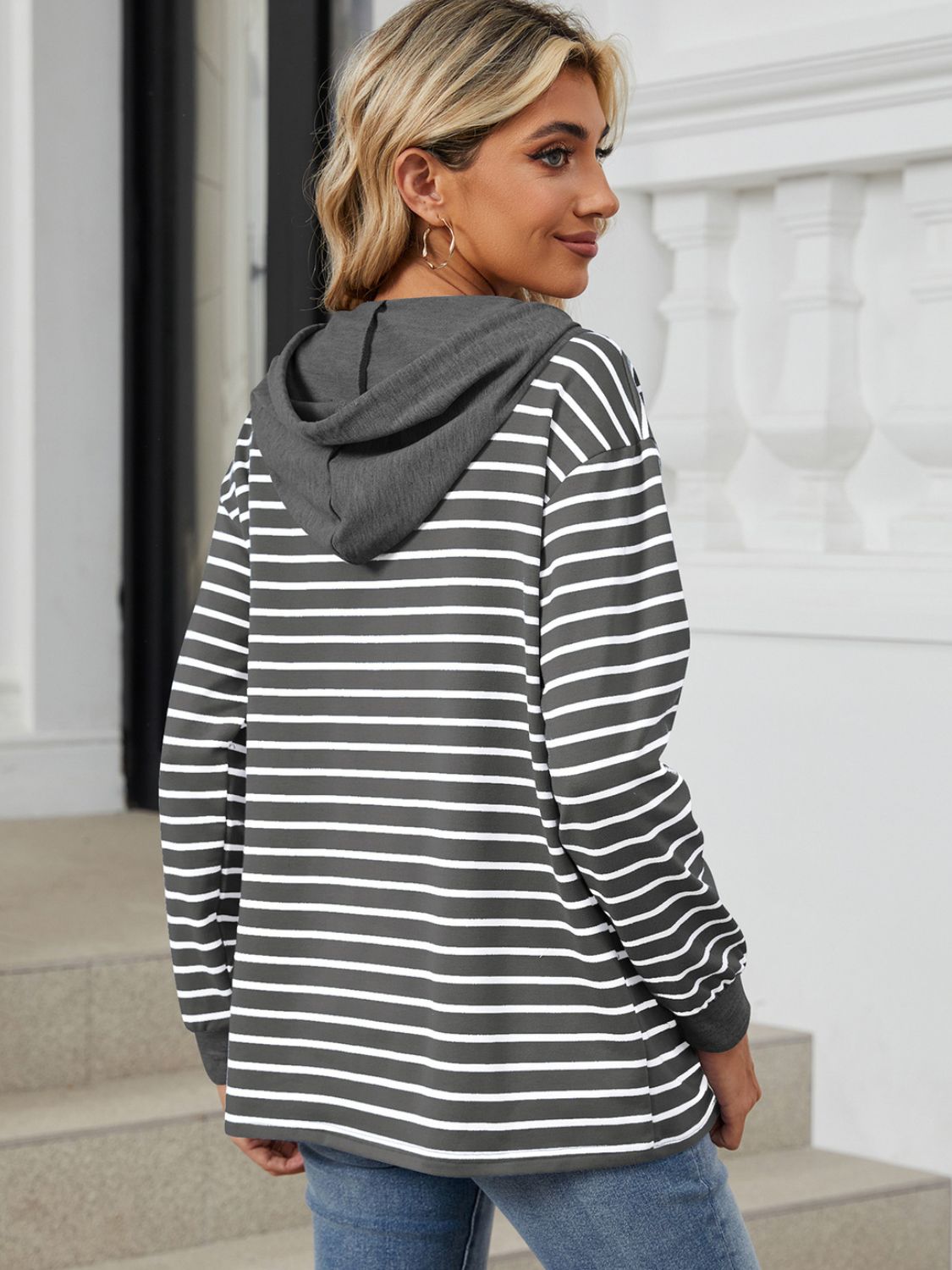 Womens Striped Hoodies Jumper Drawstring Tops