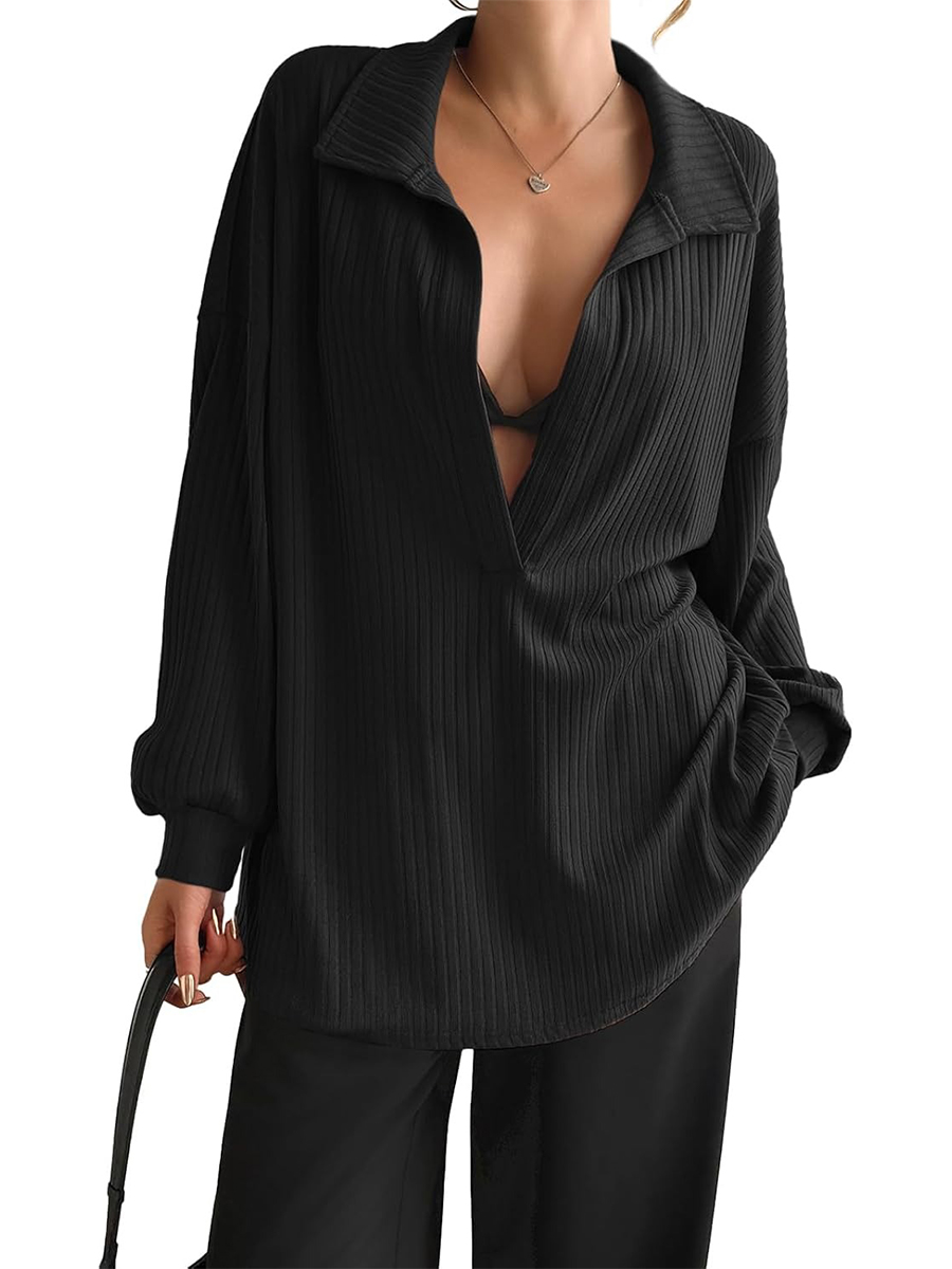 Women's Oversized Deep V Neck Long Sleeve Ribbed Knit Pullover Tops