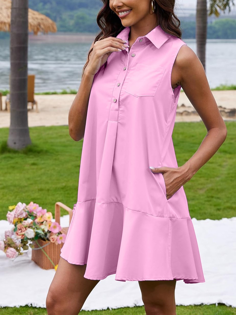 Women's Sleeveless Button Shirt Dress with Pockets
