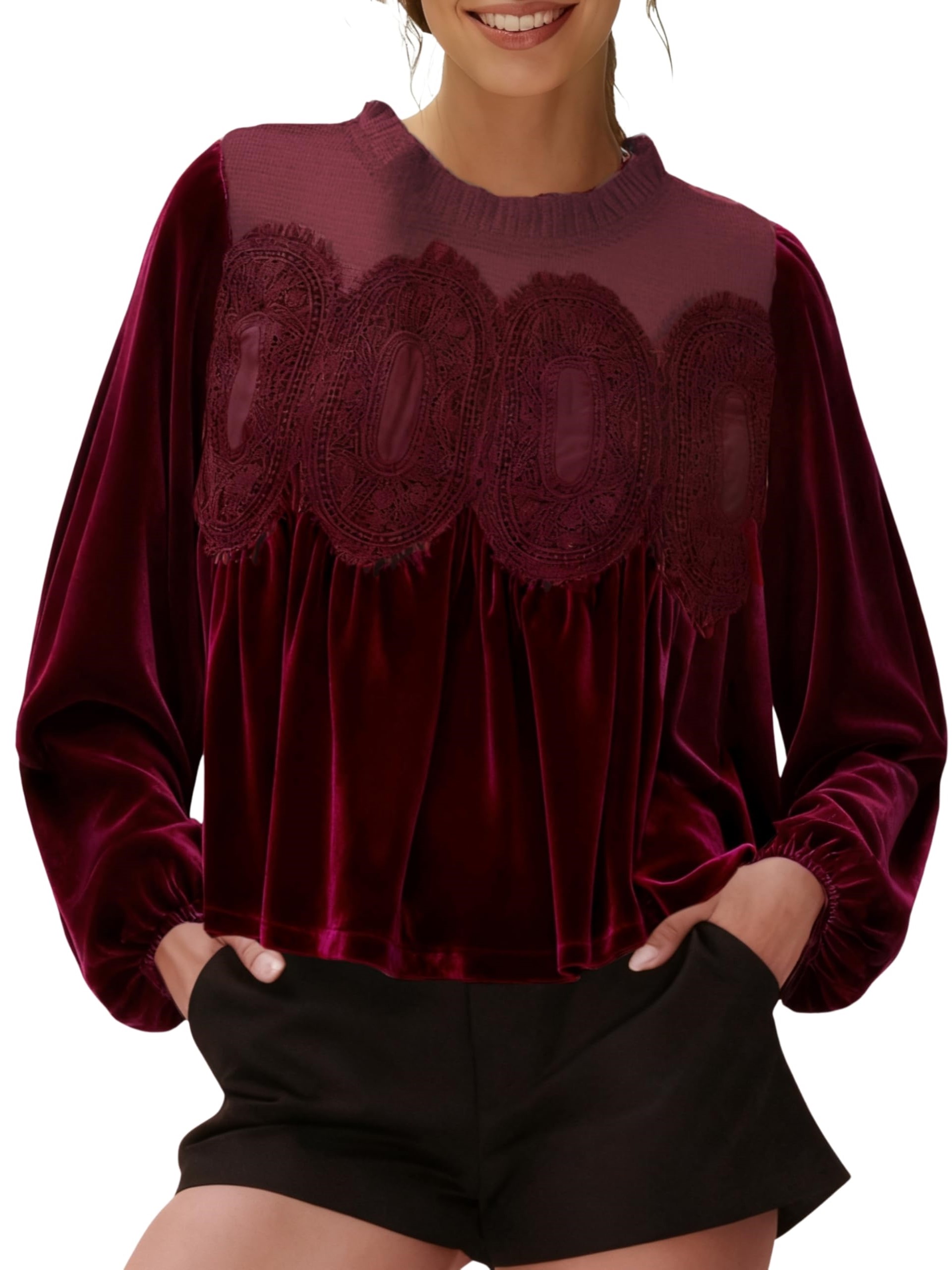 Women's Round Neck Long Sleeve Velvet Trim Lace Blouse