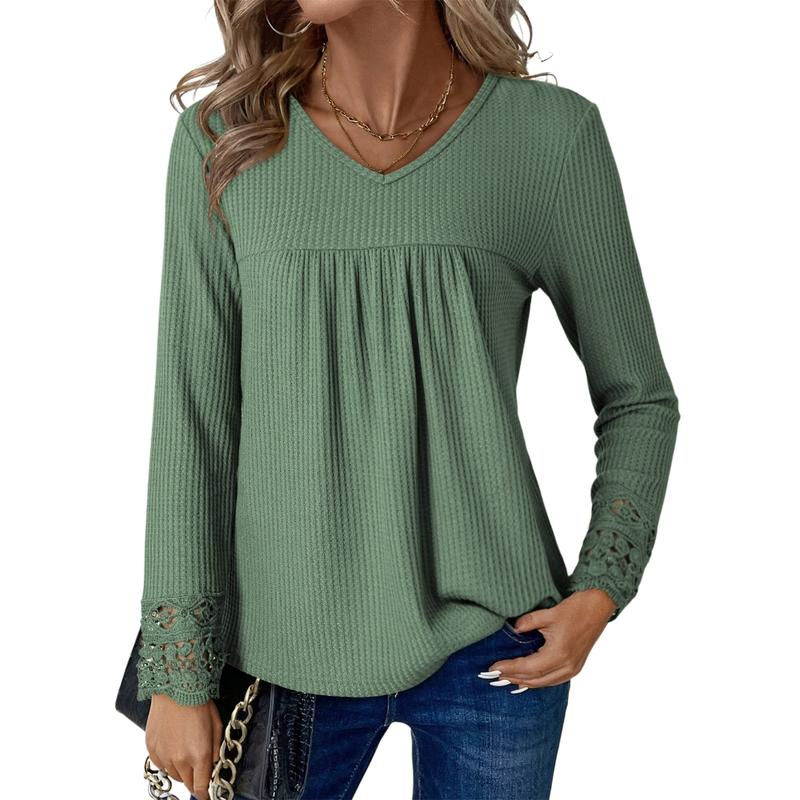 Women's Tops Casual V Neck Long Sleeve Waffle Knit Textured Lace Hollow Out Shirts Loose Tunic Tops Blouses