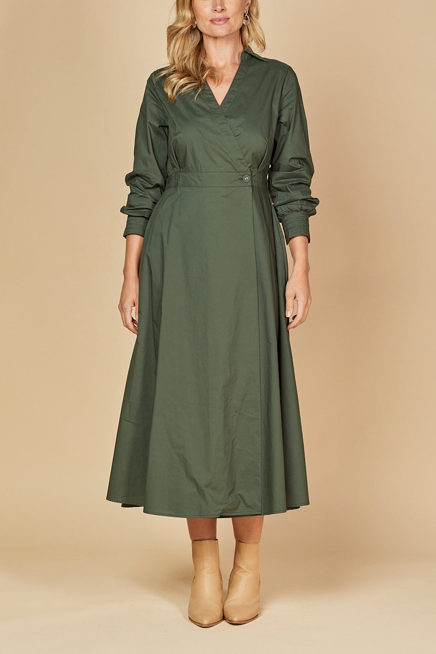 Cross V-neck Long Seeve Buckle Waist Midi Dress