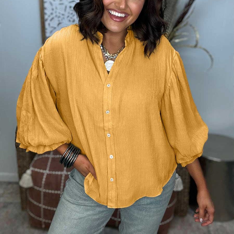Puff Sleeve Woven Button Down Shirt