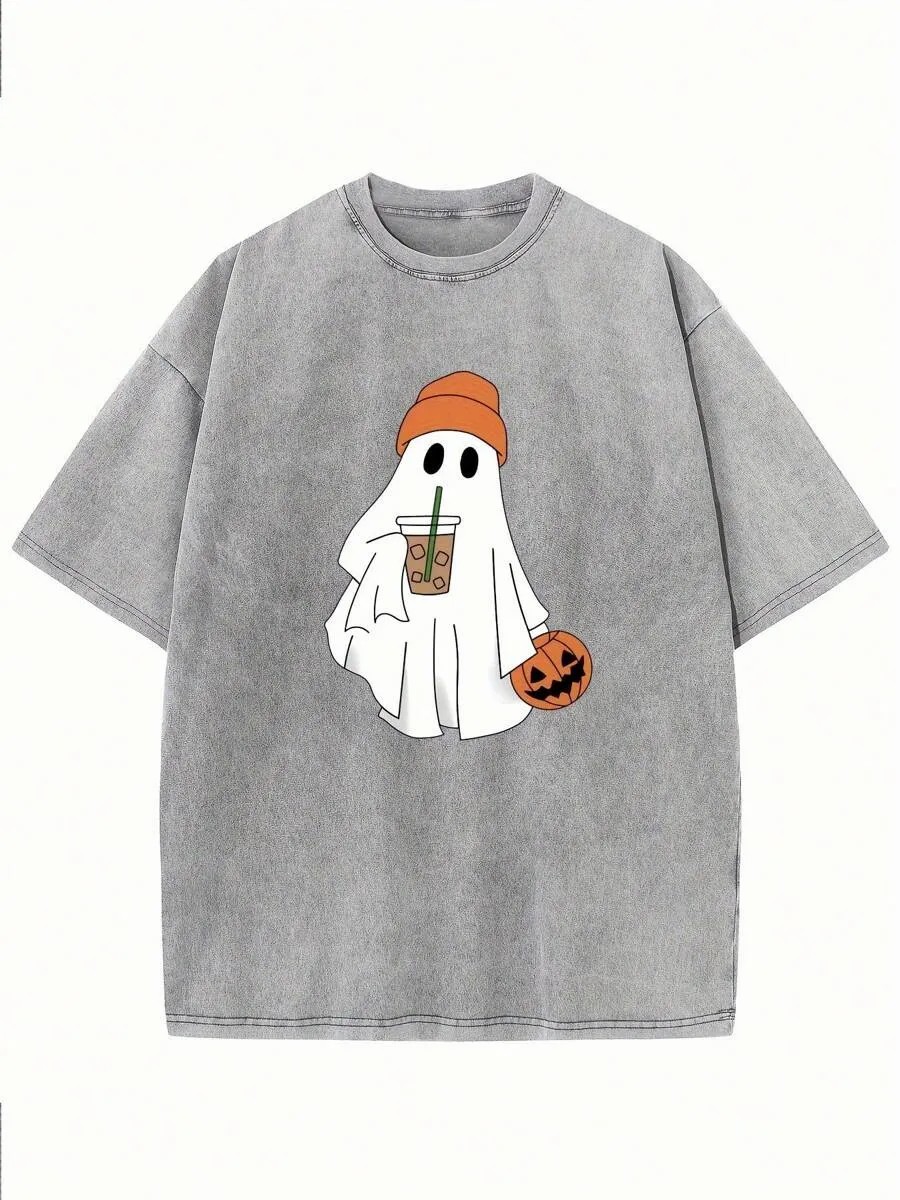 Vintage Halloween Cute Pumpkin And Ghost Print Washed T-Shirt 