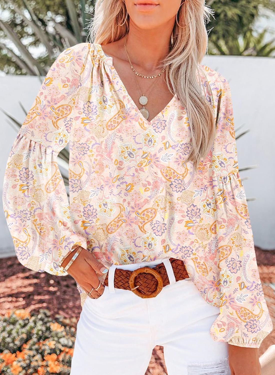 Women's Casual Boho Floral Print V Neck Long Sleeve Shirt Top