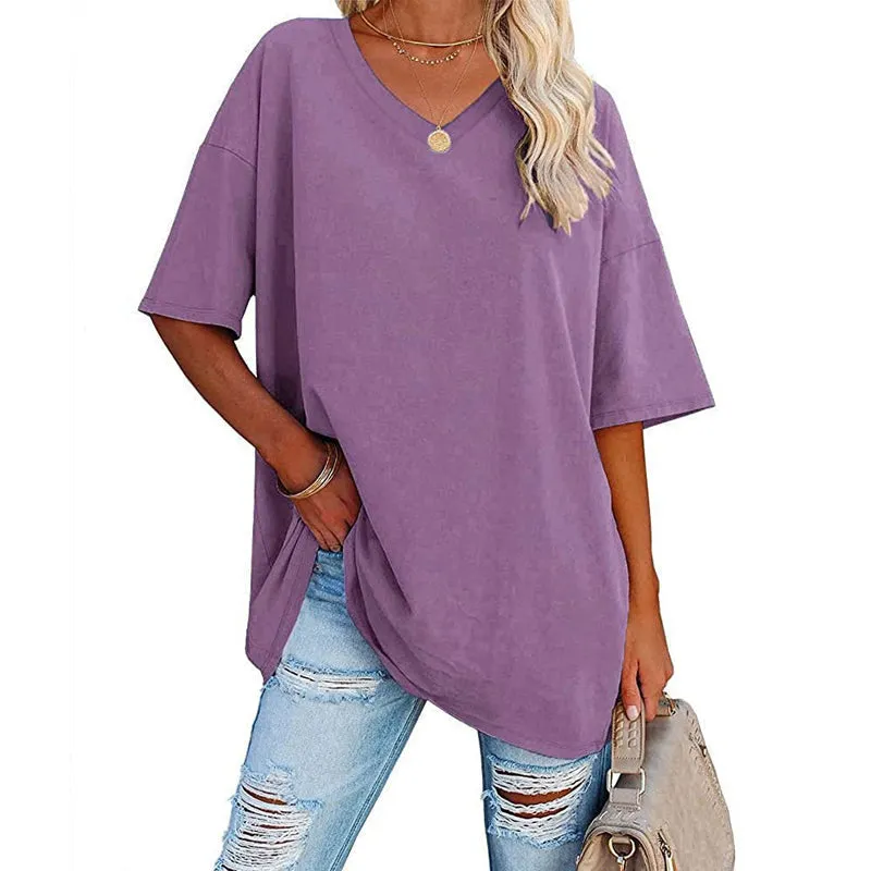 Women's Solid Colour Loose Short Sleeve V-Neck Top (Buy 3 Free Shipping)