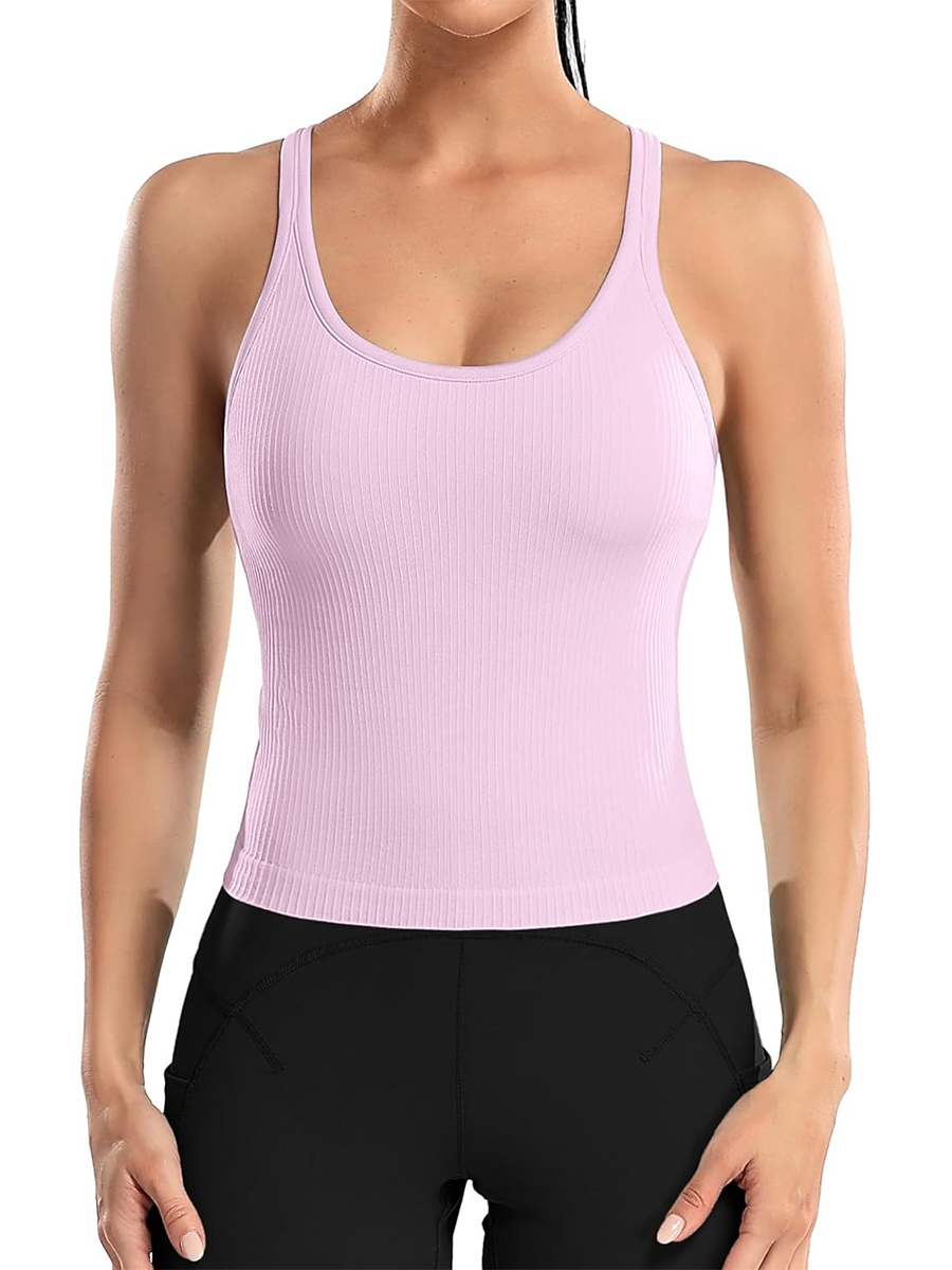 Women's Ribbed Workout Crop Racerback Tank Tops with Built in Bra