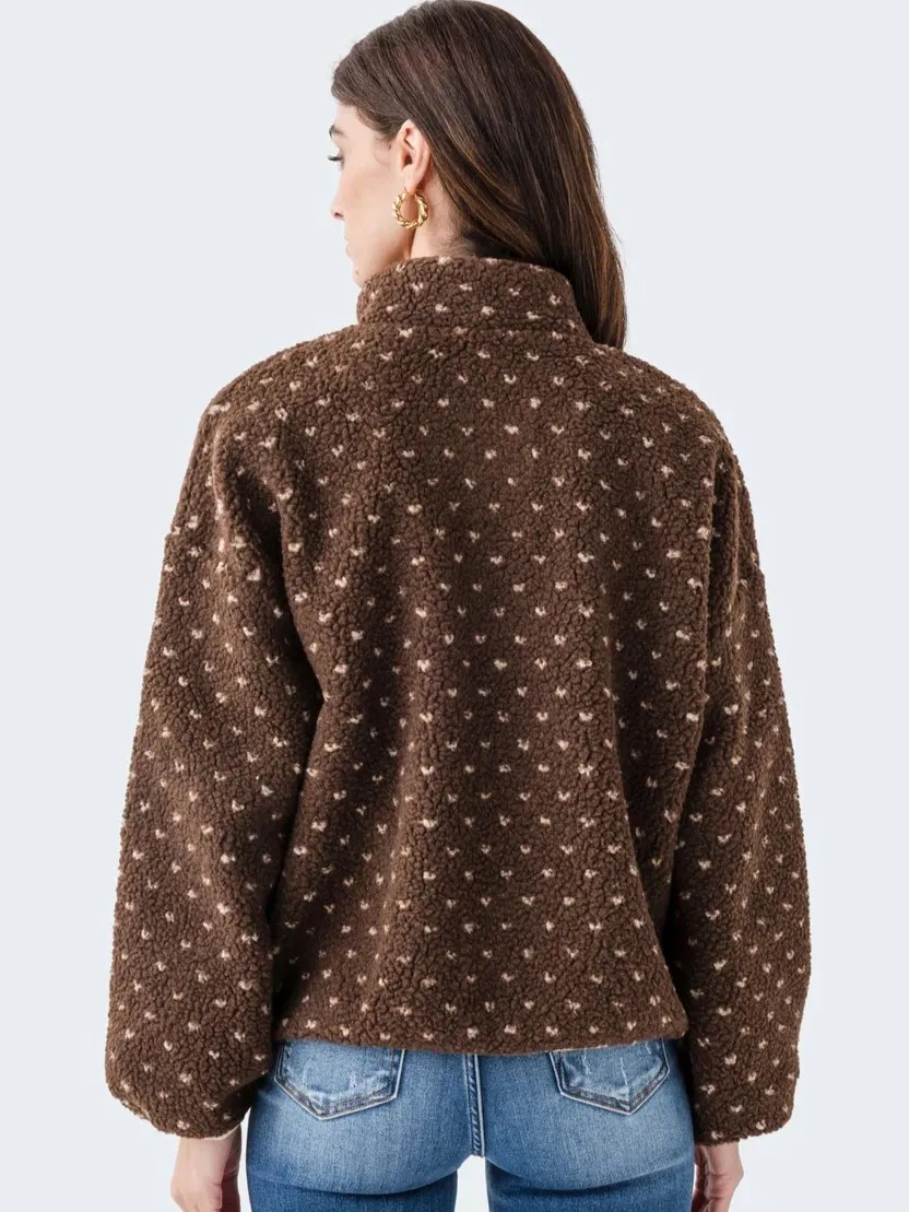 Women's Button-down Turtleneck Heart Sherpa Pullover